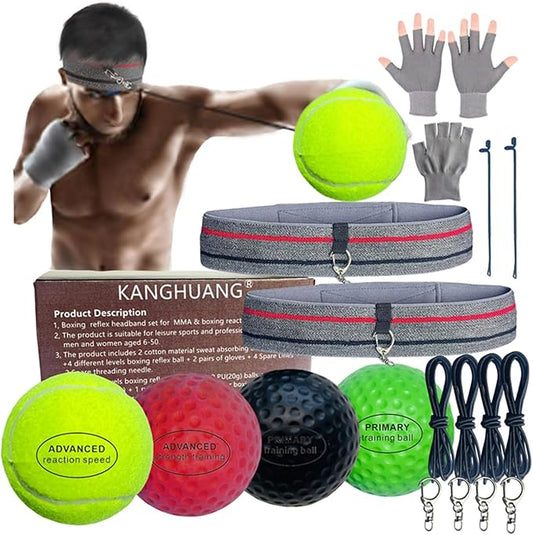 Boxing Balls Head Band Set for MMA Boxing Reaction Training 4 Different Balls+2 Sweat Absorbing Head Bands+4 Spare Lines+2 Gloves for All People