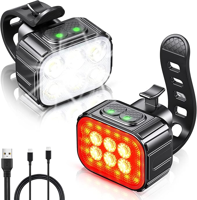 Bike Lights Set Ultra Bright, Bicycle Light Rechargeable with 6 Spot & Flood Beams, IP65 Waterproof Bike Lights for Night Riding, DIY 4X4 + 6X6 Modes Bicycle Headlight and Tail Light Reflectors