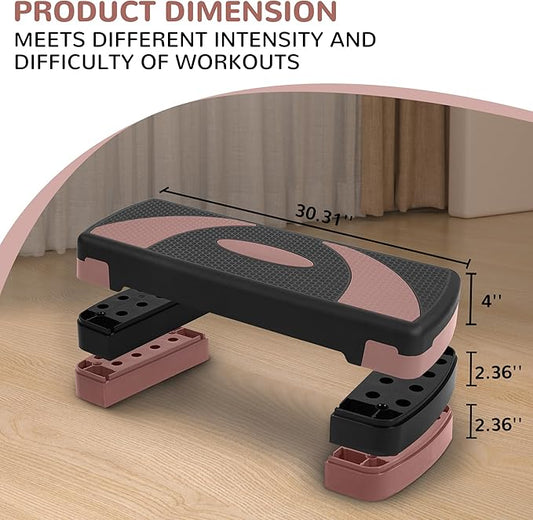 Fitvids Step Aerobic Platform, 31" Exercise Step with 3 levels Adjustable Height, 4 Stackable Risers, Fitness Training Workout Stepper for Home Gym, Cardio Strength, Black & Pink