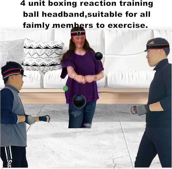 Boxing Ball Headband Set for MMA Boxing Kickboxing Training Reaction Punching Balls Kit Includes 4 PU Balls+4 Elastic Headbands+4 Spare Lines+4 Gloves for All People