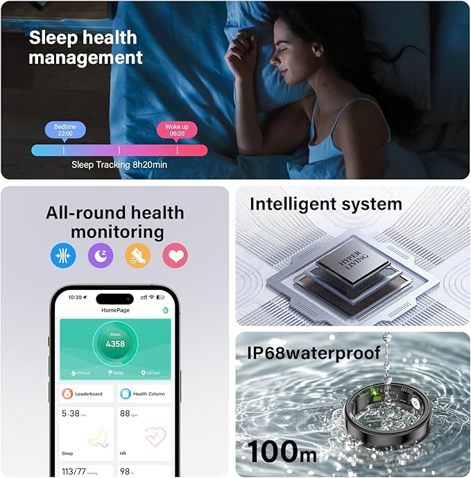 Smart Ring Health Tracker, Fitness Sleep and Heart Rate Monitor Smart Ring, Waterproof Bluetooth Fitness Tracker Ring IPX68 Waterproof (Rose Gold, 9)