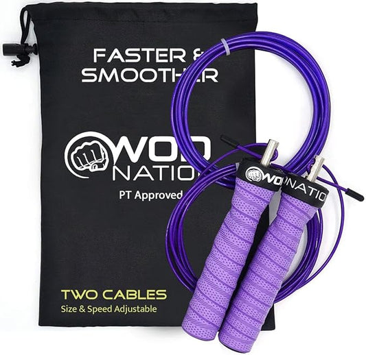 WOD Nation Attack Speed Jump Rope : Adjustable Jumping Ropes : Unique Two Cable Skipping Workout System : One Thick and One Light 11 Foot Cable : Perfect for Double Unders : Men and Women
