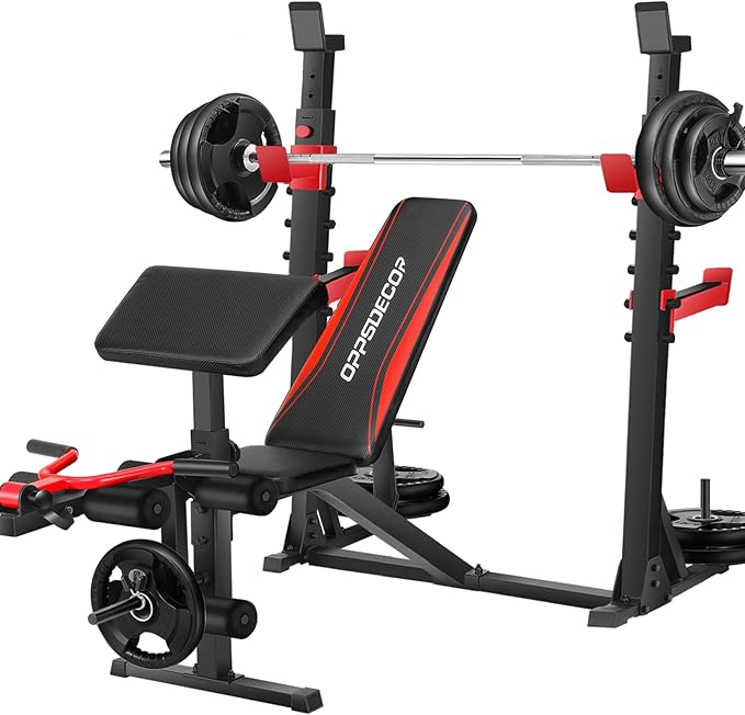 OPPSDECOR 900LBS Weight Bench Set with Squat Rack Preacher Curl Weight Bench with Leg Extension Bench Press Set Workout Bench for Home Gym Full Body Workout