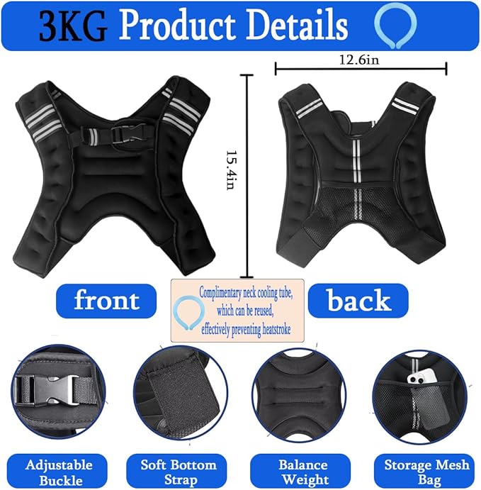 Weighted Vest for Women Men & Neck CoolingTube 2 pcs - Weighted Vest Woman,with Reflective Stripe Adjustable Safety Buckle,Men Womens weighted vest for Walking 6.6LB(3kg)11LB(5kg)17.6LB(8kg)22LB(10kg)