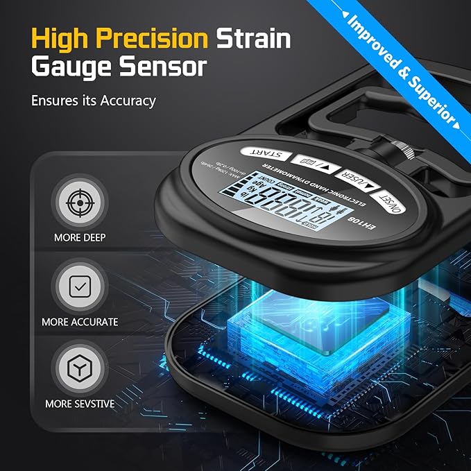 Hand Grip Strength Tester Trainer - Electronic Hand Dynamometer Forearm Grip Strengthener Exerciser Digital Training Gauge 265 Lbs 120 Kgs for Sport Home School Use