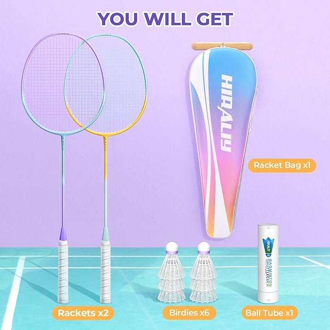 HIRALIY Badminton Rackets Set for Backyards, Lightweight Badminton Set of 2/4, Includ Rackets, Birdies, 1 Carrying Bag, Outdoor Games for Adults Family Kids Beginners