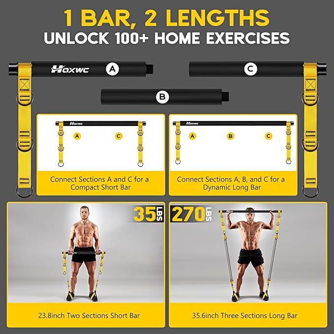 Pilates Equipment, Portable Pilates Bar Kit with Resistance Bands, Professional Adjustable Heavy Duty Squat Workout Equipment for Men, Home Gym Muscle Strength Training, Full Body Exercise