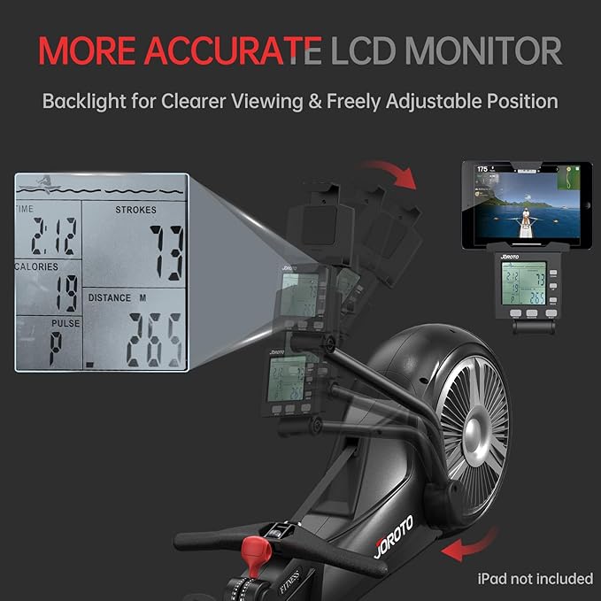 Rowing Machine for Home JOROTO Air Magnetic Rowing Machines for Home Foldable with 49.5" Rail, Backlit Monitor, Bluetooth, App Supported, Tablet Holder Rower Machine