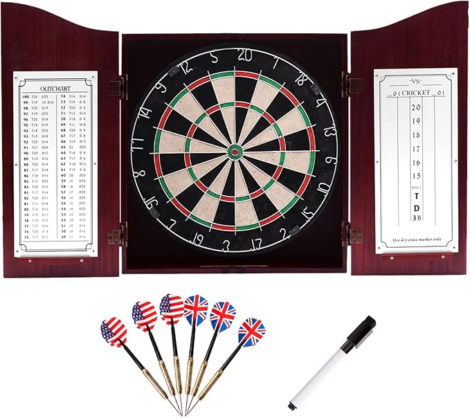 GSE Games & Sports Expert Professional Solid Wood Classic Dartboard Cabinet with Sisal/Bristle Dartboard, Scoreboard, and 6 Steel Tip Darts, Easy Assembly Complete with All Accessories (Deluxe Cherry)