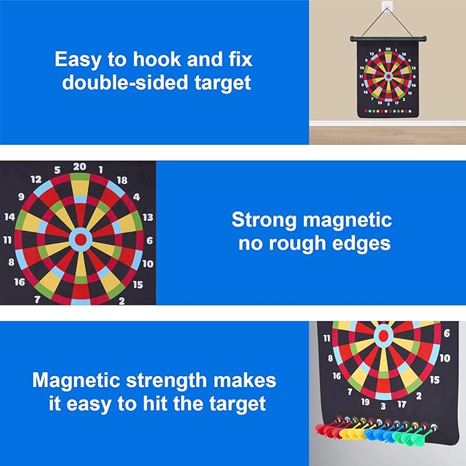 Magnetic Dart Board with 24pcs Darts,Indoor Outdoor Dart Game for Kids and Adults，2in1 Rollup Safe Dart Flights Toys Set for 3-12 Year Old Boys Girls Christmas Birthday Gifts