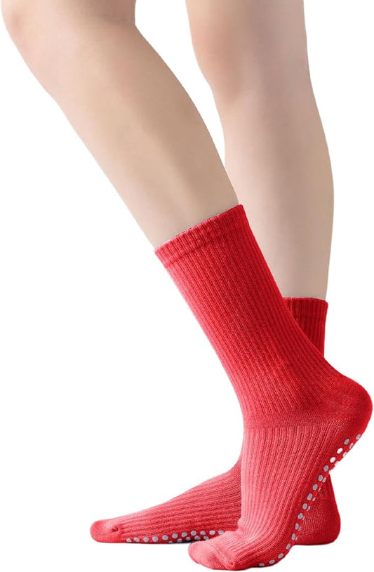 Yoga Pilates Socks with Grips for Women Non Slip Solid Colored Cushioned Crew Compression Socks for Barre Ballet Dance