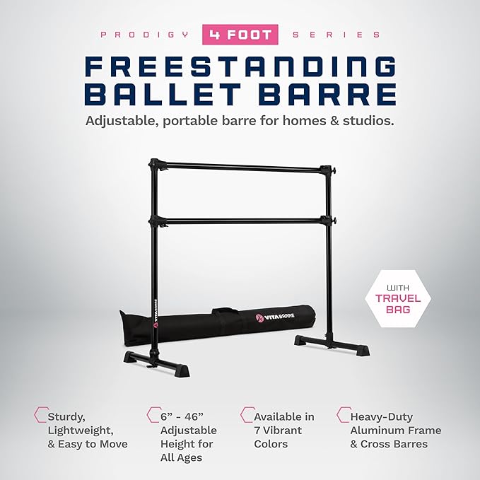 VITA Barre Portable Freestanding Double Ballet Barre, Prodigy, with Carry Bag | Adjustable Height, USA Made, Home or Gym Exercise Equipment for Kids & Adults | Dance, Fitness, Pilates