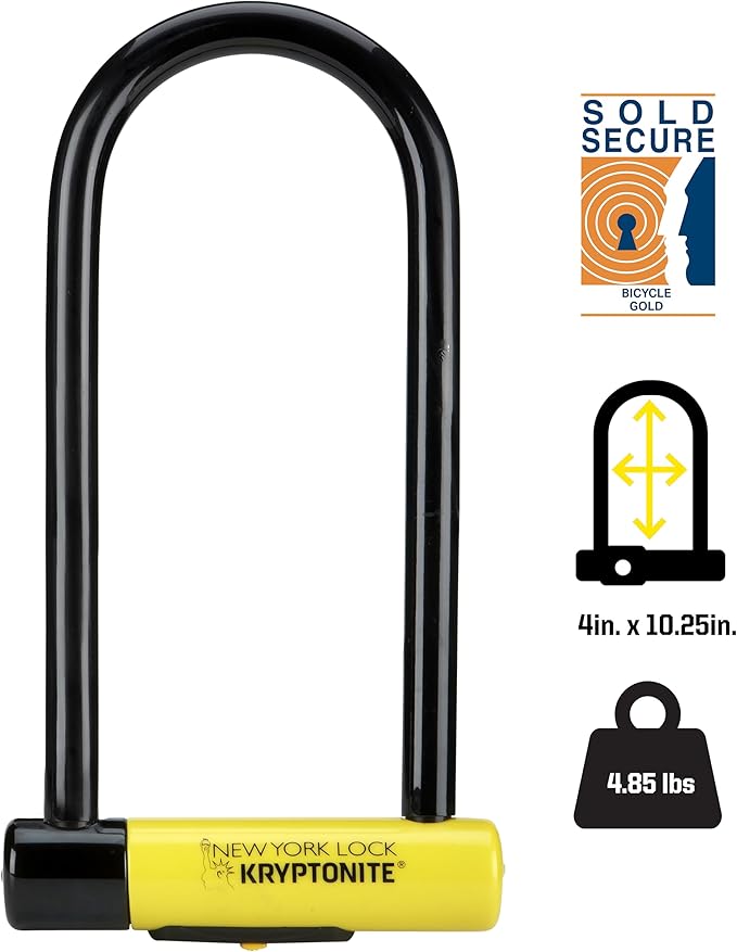 Kryptonite New York Long Shackle Bike U-Lock, Heavy Duty Anti-Theft Security Bicycle Lock Sold Secure Gold, 16mm Long Shackle with Keys, Ultimate Security Lock for Bicycles E-Bikes Scooters