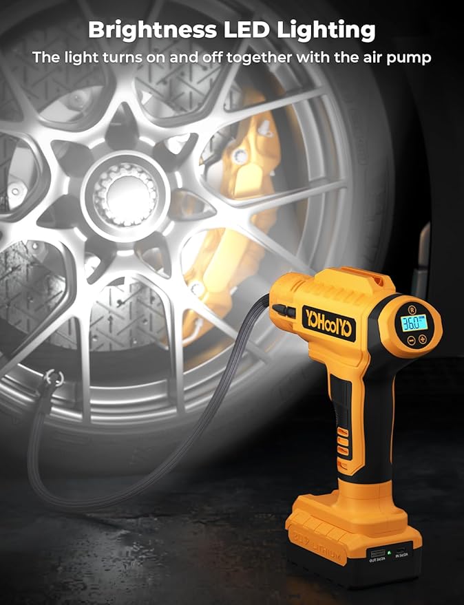 YOHOOLYO Tire Inflator Portable Air Compressor for Cars, 20V Cordless Rechargeable Battery Powered Electric Car Tire Air Pump Digital Pressure Gauge 12V DC Adaptor LED Light Auto Stop, 150PSI Yellow