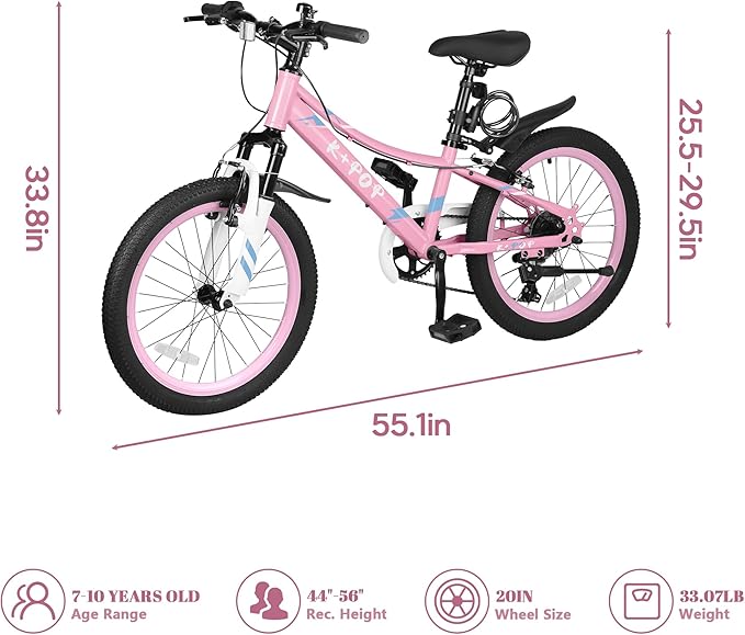 20 24 Inch Kids Bike, 7-Speed Girls Boy Mountain Bike, Front Suspension Fork Kids' Bicycles Girls Boys Bikes Ages 8-12, Front and Rear V Brakes