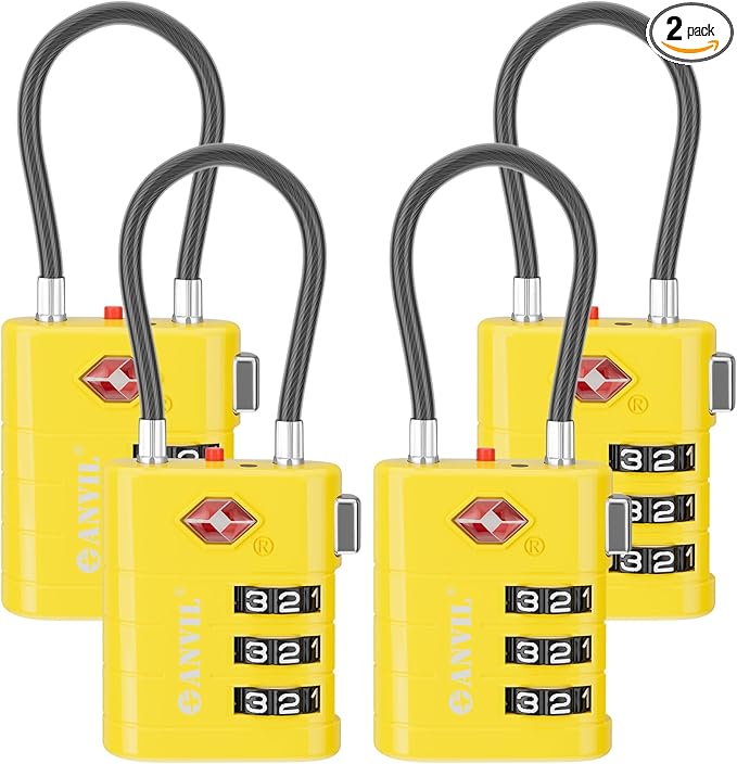 ANVIL TSA Approved Luggage Locks – High Security TSA008 Combination Travel Locks with Inspection Indicator for Suitcases and Backpacks. (4, Yellow)