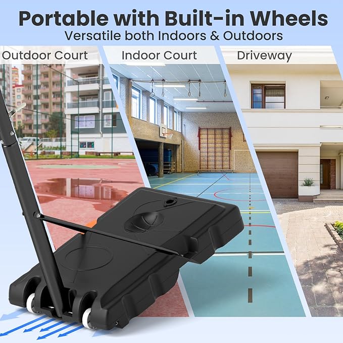 GYMAX Basketball Hoop, 7.4-10 FT Single Hand Rotation Adjustable Basketball Goal with 44” PC Backboard, Fillable Base & Weight Bag, Portable Basketball Hoop for Kids Youth Adults, Backyard Court