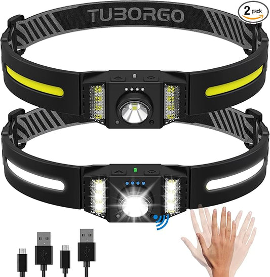 Rechargeable LED Headlamp, 2-Pack Bright Head Lamp with Motion Sensor, White Red Light Source Headlight Flashlight, Lightweight Weatherproof HeadLamps for Outdoor Camping Running