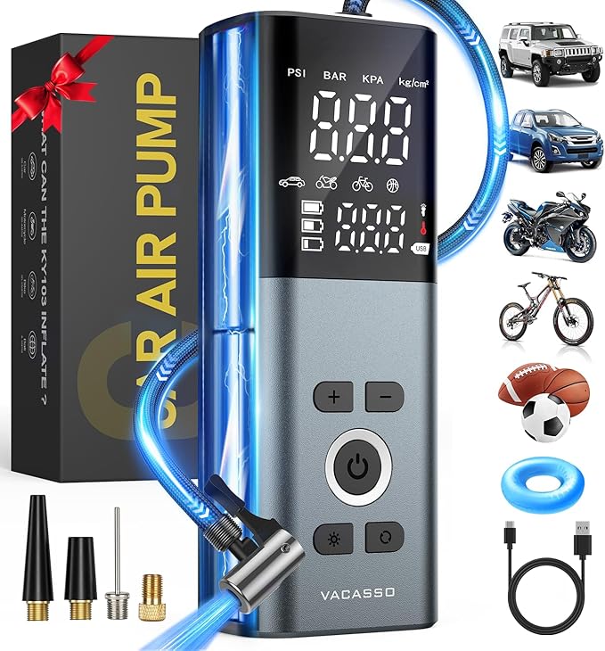 Tire Inflator Portable Air Compressor, 150PSI Air Pump For Car Tires with Accurate Tire Pressure Gauge, 20,000mAh Cordless Air Compressor for Car, Motorcycle, Bike, Balls and More, Smart Autostop