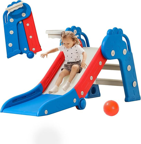 Toddler Slide, Indoor Slide for Toddlers Age 3+, Climber Freestanding Playset with Basketball Hoop, Easy to Store and Set Up, Blue