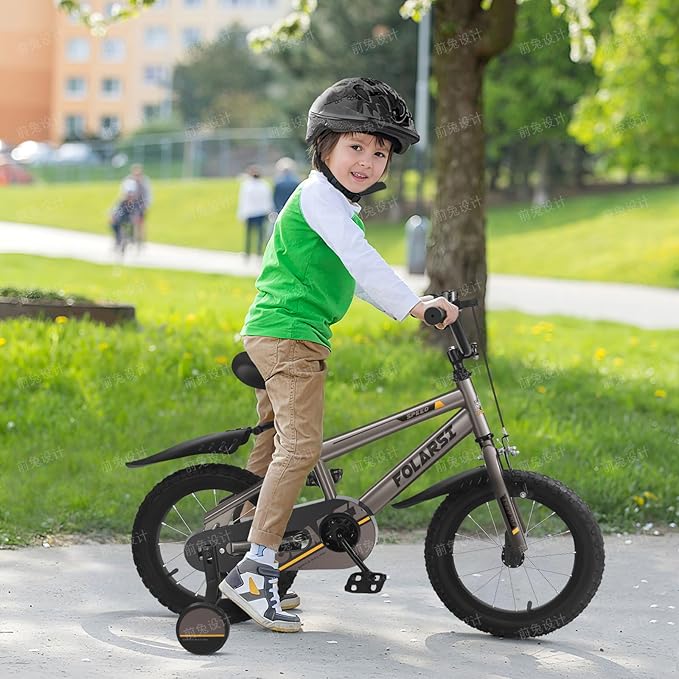 Boys Bike 12 14 16 Inch Kids Bicycle for 2-7 Years, Sporty Children's Mountain Bike with Training Wheels & Dual Brakes, Gray-Black Steel Frame