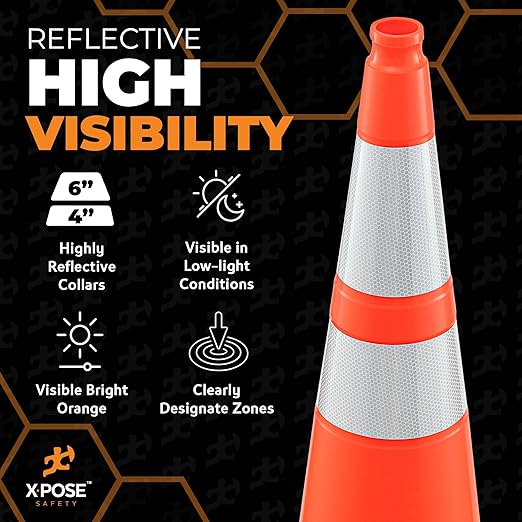 Xpose Safety 36 Inch Orange Traffic Cones Heavy Duty 12lb 6" & 4" Collar - Bulk Half Pallet 125 Pack - Multipurpose PVC Plastic Safety Cone Parking, Soccer, Caution & Construction - DOT Approved