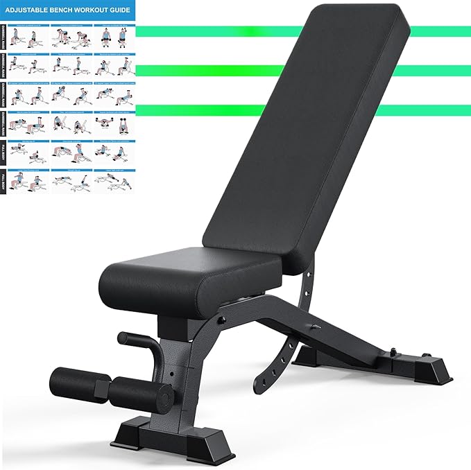 Adjustable Weight Bench, 1200LB Heavy Duty Workout Bench for Home Gym, Commercial Incline-Flat-Decline Bench Press for Full Body Fitness, 4 Suitable Leg Rest Gears with Fully Upright Backrest