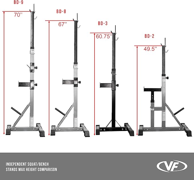 Valor Fitness Independent Squat and Bench Press Stands – Adjustable Uprights with J-Hooks, Bar Catches, Safety Arms, and Plate Storage – Strength Training Rack for Home Gym Workouts