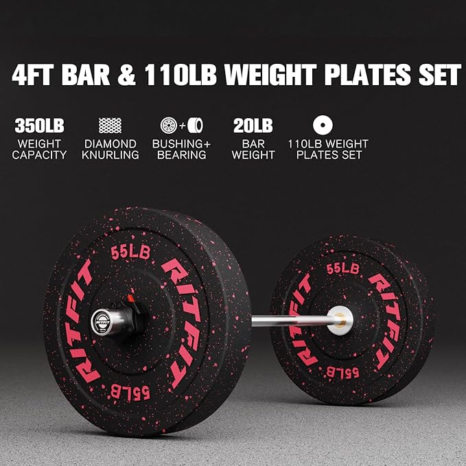 RitFit Barbell Weight Set - 4/6FT Olympic Barbell with Weight Plates (55-275LB Total) - Weightlifting Equipment for Squats, Curls, Deadlifts, Presses, Hip Thrusts
