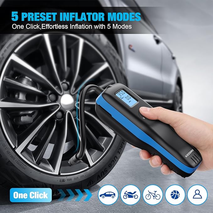 KEZERS Bicycle Tire Inflator, Portable 160PSI Air Pump,Cordless Air Compressor with Digital Pressure Gauge,Rechargeable Battery,Emergency Light,Tire Inflator for Car,Motorcycle,Bike,Ball