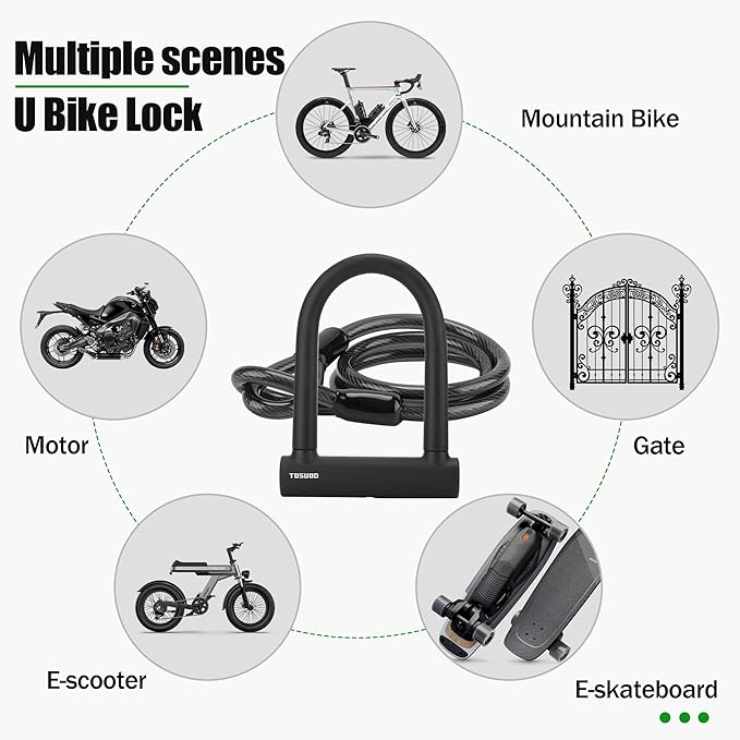 Oversized Bike U Lock Set Heavy Duty Anti Theft Bike Lock with 4FT Steel Cable Bicycle U Lock with Keys Mounting Bracket for Road, Mountain, Electric & Folding Bike