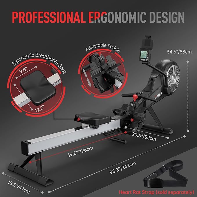 Rowing Machine for Home JOROTO Air Magnetic Rowing Machines for Home Foldable with 49.5" Rail, Backlit Monitor, Bluetooth, App Supported, Tablet Holder Rower Machine