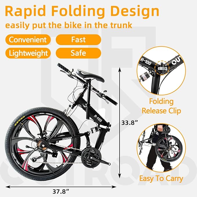 26 Inch Folding Mountain Bike with High Carbon Steel, 21 Speed City Bike with Dual Suspension, Folding Bicycle for Adults Men and Women