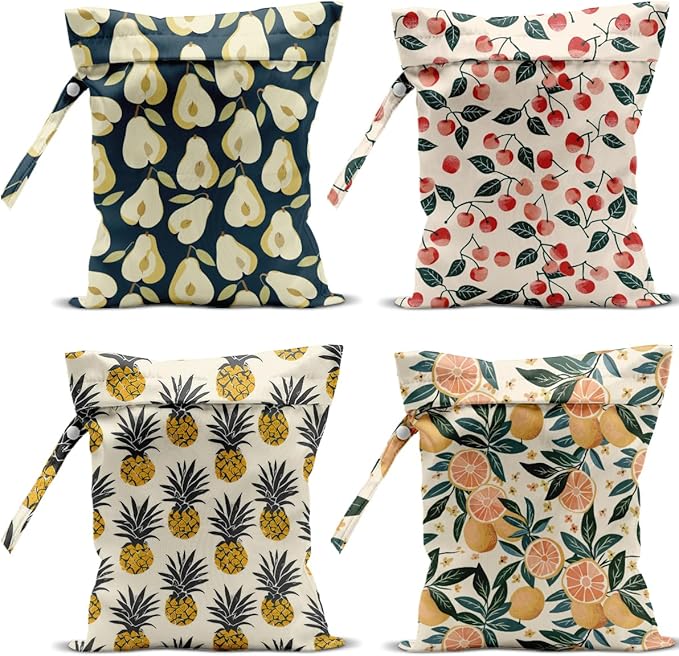 4 Pack Cute Fruit Wet Bag Waterproof Washable Reusable Wet Dry Bag for Swimsuit Dirty Clothes Cloth Diaper Travel Beach Pool Yoga Gym Toiletries Travel Beach Essentials Cherry Orange Pineapple