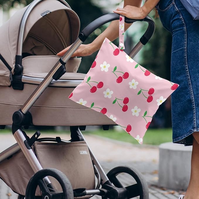 4 Pack Cute Flower Bow Cherry Wet Bag Waterproof Washable Reusable Wet Dry Bag for Swimsuit Bathing Clothes Soiled Items Cloth Diaper Travel BeachYoga Gym Toiletries Travel Beach Essentials