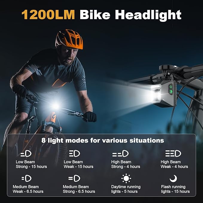 1200 LM Bike Lights for Night Riding, LED USB-C Rechargeable IPX65 Waterproof Bicycle Headlight for Mountain Road Cycling