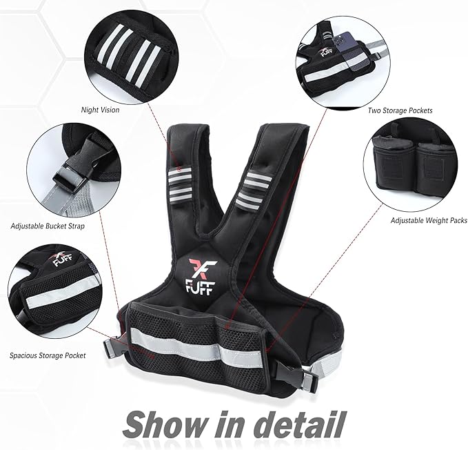 FFUFF Adjustable Weighted Vest for Women & Men,4-10lb/11-20lb/20-32lb Vest with 6 Ironsand Weights for Strength Training,Weight Vest with Reflective Strip for Running Walking Exercise Workout