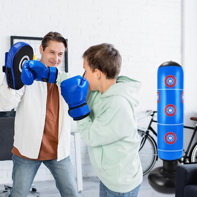 7 Pcs Kids Punching Bag Set Include Boxing Gloves, Inflatable Punching Bag, Hand Wraps, Hand Pads, Air Pump, Kids Boxing Training Set for Karate Kickboxing Taekwondo