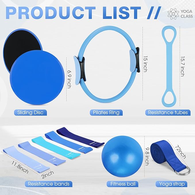 Set of 6 Style Pilates Home Equipment Set Pilates Essential Kit Workout Accessories 14 Magic Circle Mini Exercise Ball Yoga Strap Silicone Tension Strip Tension Band Sliding Plate