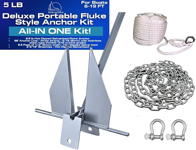 MarineNow Fluke Anchor Kit – Hot-Dip Galvanized Anchor with Chain, 98 ft Marine Rope & Shackles | Choose 5 lb (10–18 ft Boats), 8.5 lb (15–24 ft), or 13 lb (20–32 ft)