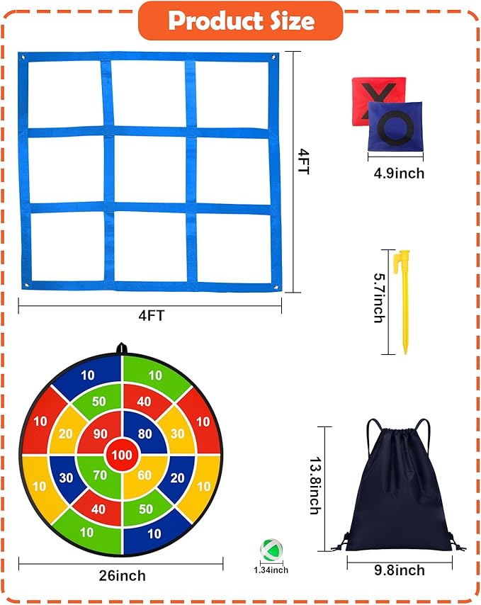 Giant Tic Tac Toe Outdoor Games, Bean Bag Toss Games, 26" Dart Board Game Double-Sided with Sticky Balls for Boys and Girls Ages 4-12 Kids Adults Family Lawn Yard Large Carnival Games, Blue