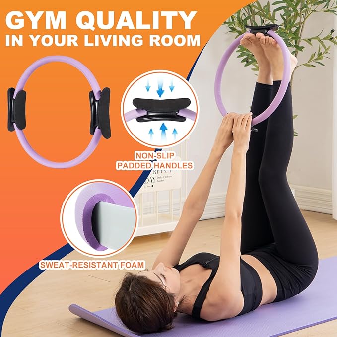 Pilates Ring Circle and Pilates Ball Set, 12 Inch&14Inch Magic Circle Pilates Ring,9 Inch Small Exercise Ball,Resistance Bands Set, Home Pilates Equipment for Women