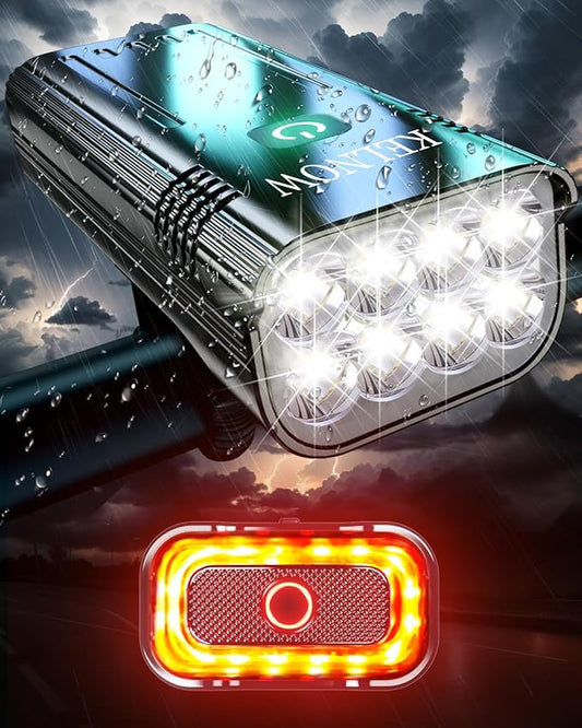 Bike Lights for Night Riding, 10000mah Bike Lights 30H+ Runtime, Super Bright LED USB Rechargeable Headlight and Taillight, IPX6 Waterproof Bicycle Light【2025 Upgrade Combination】
