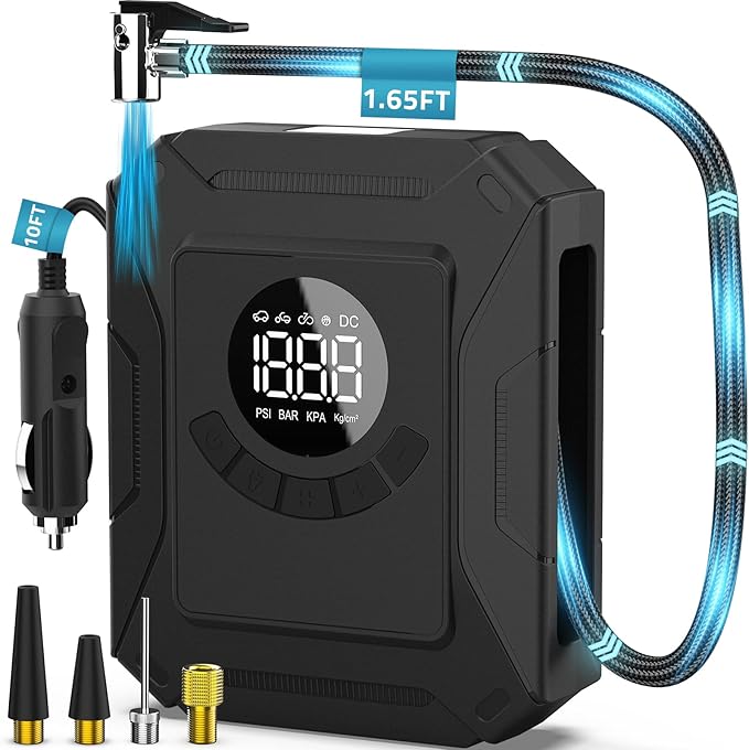 PAULINN Tire Inflator Air Compressor 12V DC Portable Air Pump 150 PSI for Car Tires, Auto Tire Pump with Digital Pressure Gauge, Auto Shutoff & LED Light for Cars, Motorcycles, Bikes & Balls, Black