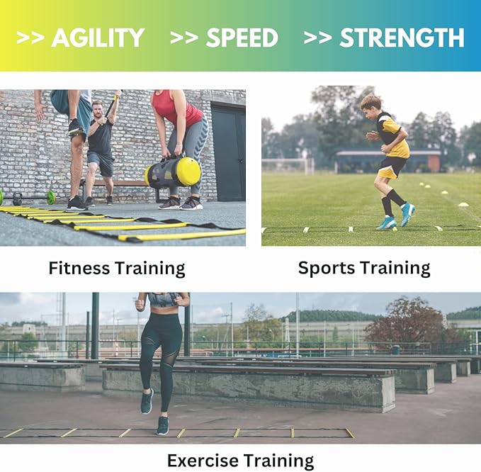 DELUXE EDITION Agility Ladder Training Set - 13 Rung 21ft Agility Ladder w/13 Disc Cones, Carry Bag - Improve Speed & Strength Soccer, Football, Basketball w/4 Steel Pegs for Outdoor Workout Charts