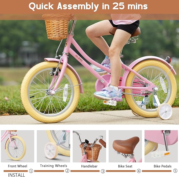 Glerc Little Molly 12-20 Inch Kids Retro Cruiser Bike for 2-13 Year Old with Wicker Basket & Training Wheels/Kickstand, Multiple Colors
