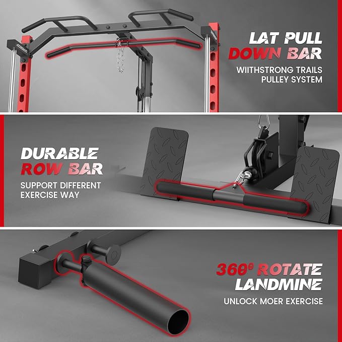 Smith Machine with LAT-Pull Down, Multi-Functional Smith Machine, Power Cage with Cable Crossover, Squat Rack with Landmine, Barbell Bar, Plate Storage Pegs and More Training Attachment