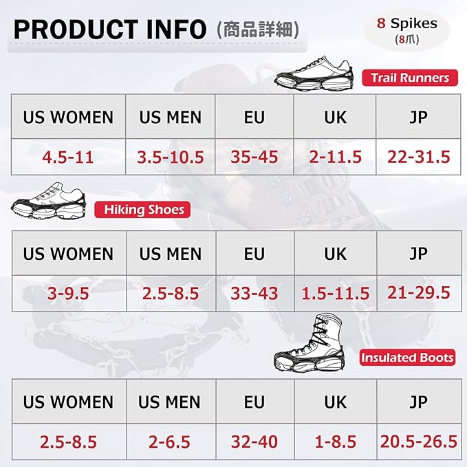 Azarxis Walk Traction Ice Snow Cleat Treads Grips Grippers Crampons Creepers with 19 Spikes for Shoes Boots Men Women Walking Climbing Hiking Fishing Heavy Duty Anti Slip Stainless Steel