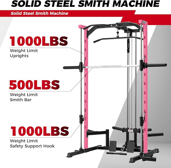 RitFit Smith Machine Power Rack with LAT-Pull Down System, Landmine, Barbell Bar, Plate Storage Pegs and More Training Attachment