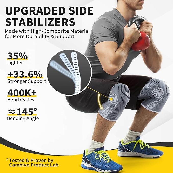 CAMBIVO 2 Pack Knee Brace for Men and Women, Knee Sleeves for Men with Patella Gel Pad and Side Stabilizers, Knee Compression Sleeves for Knee Pain Relief, Running, Workout, Daily Use